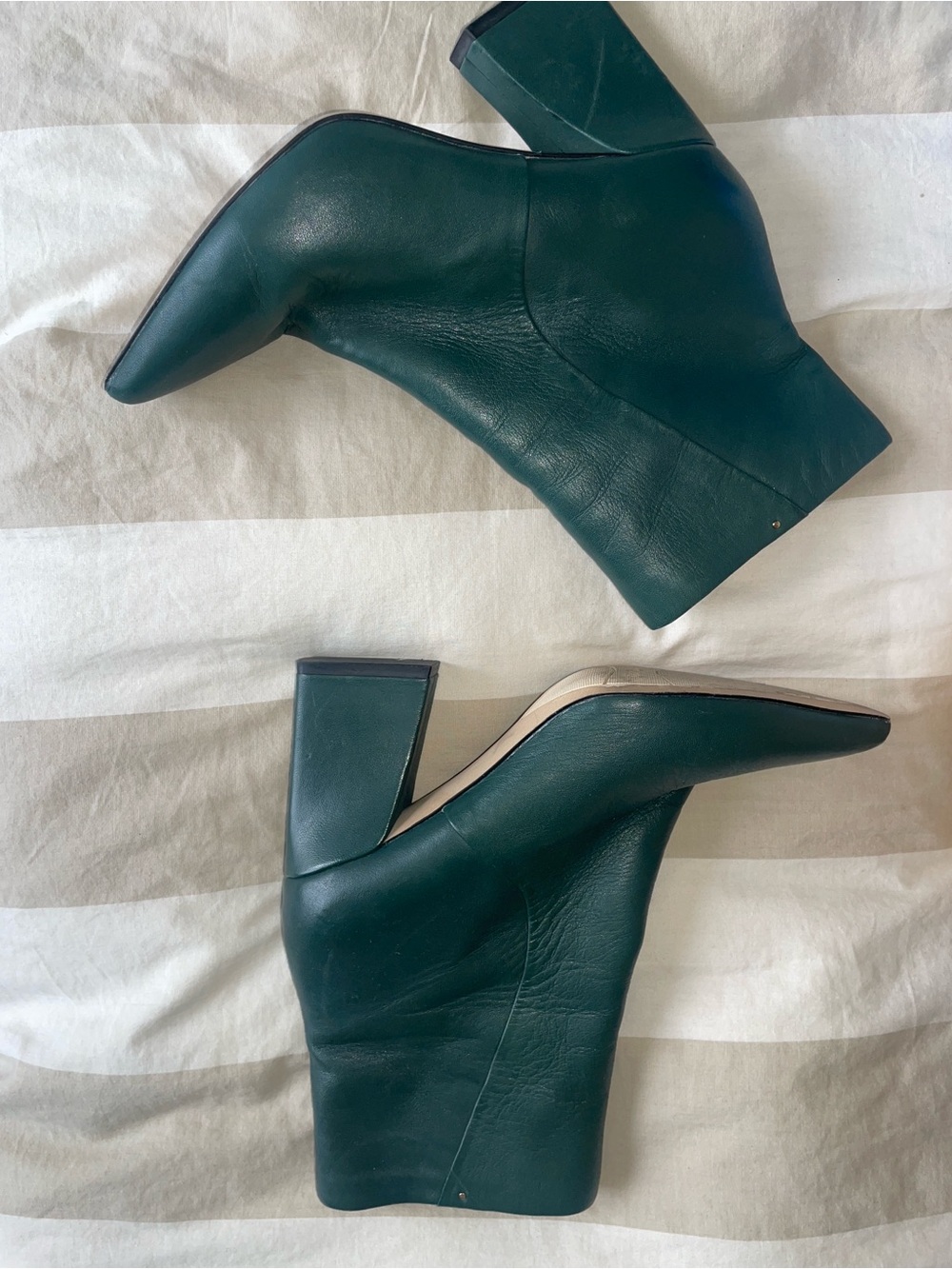 Women's Dark Teal Leather Block Heel Ankle Boots